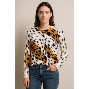 Women's Ethyle Animal Print Crew Neck Sweater M White Black Brown